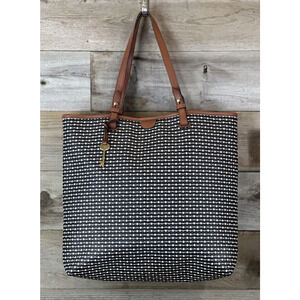Sophisticated Fossil RACHEL TOTE Shopper Coated Canvas BLACK WHITE BROWN Large